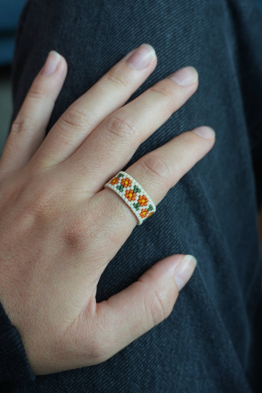 orange folk flowers woven glass bead ring kit