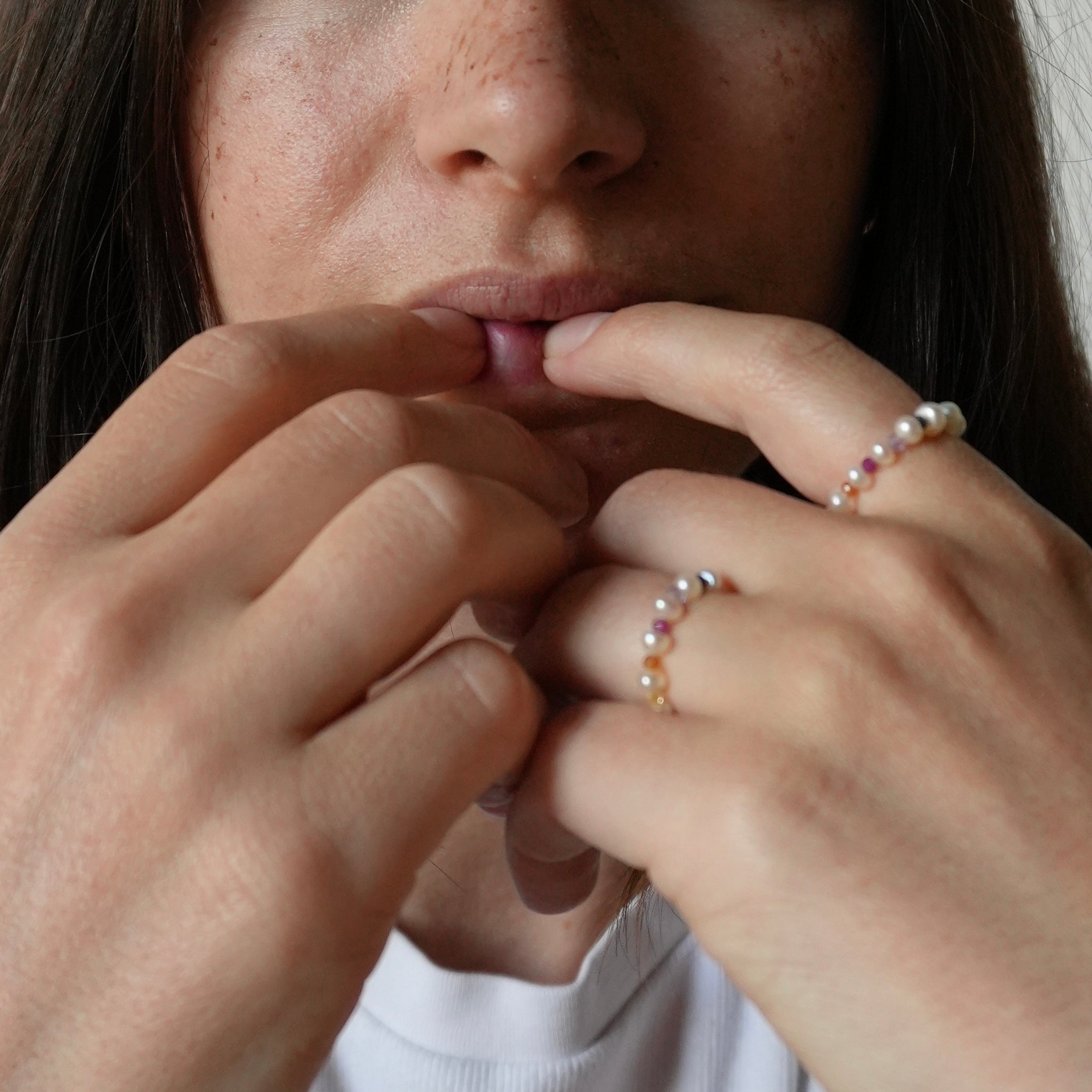 tiny pearl ring with gemstones